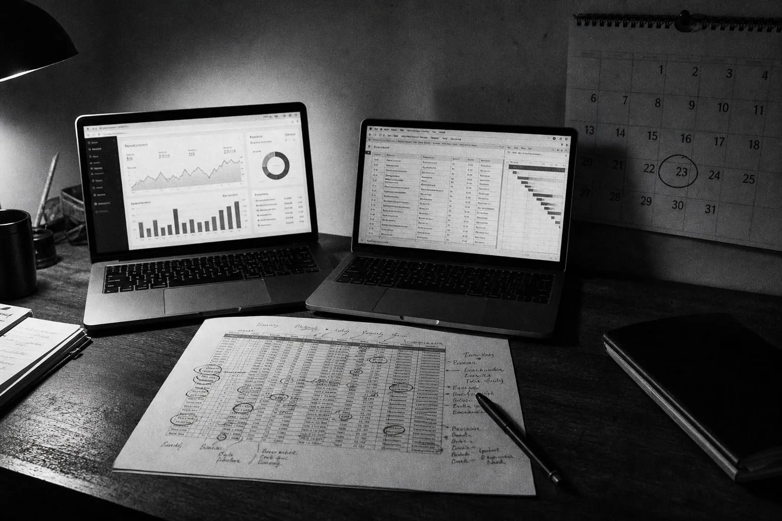 A desk with two open laptops side by side showing different business software interfaces, a printed spreadsheet with handwritten annotations, and a wall cale...