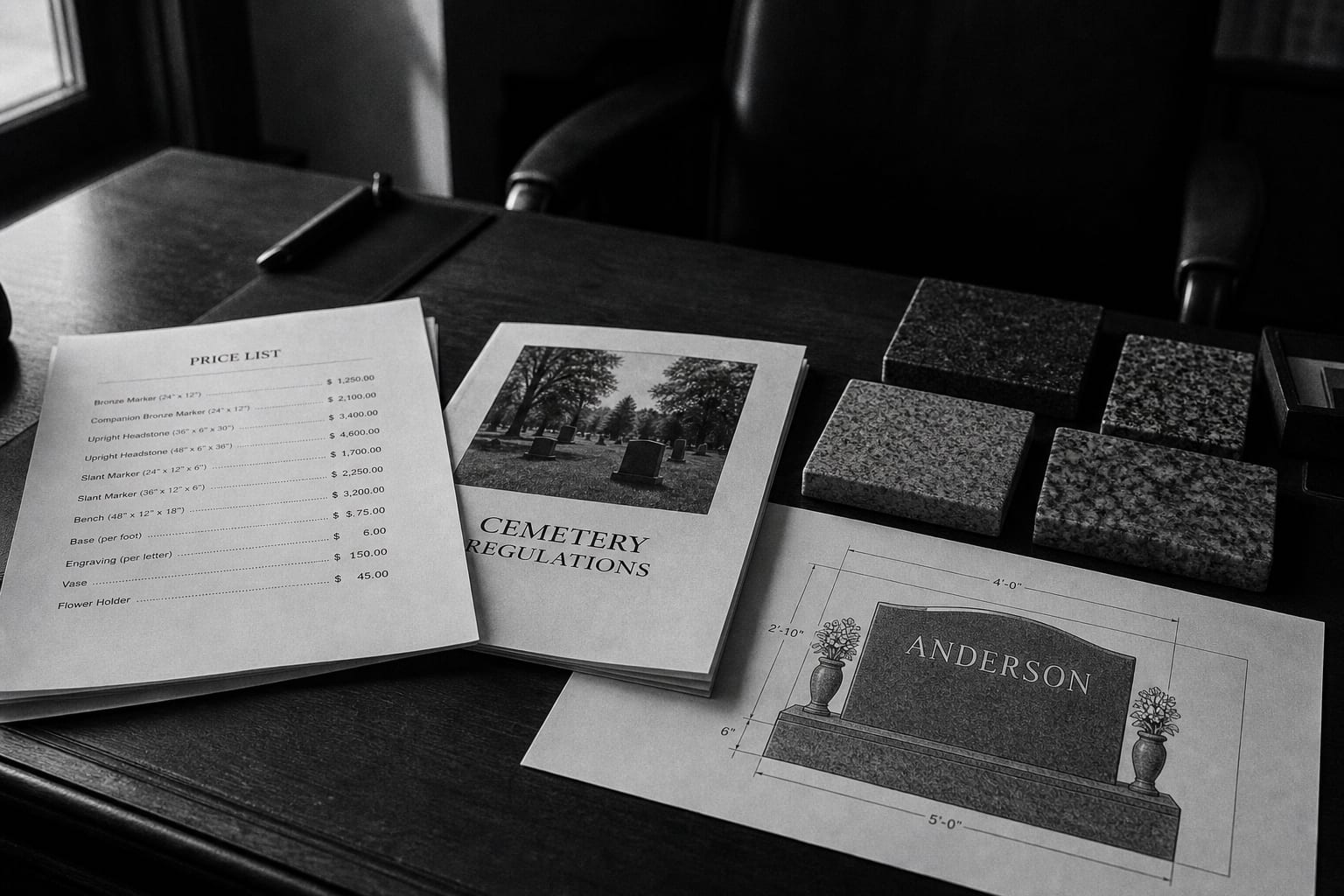 A cemetery office desk with a printed price list, a cemetery regulations booklet, granite color samples, and a monument proof drawing laid side by side