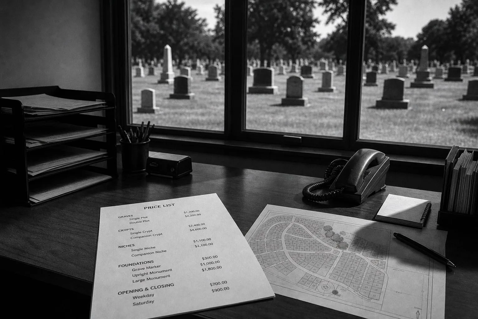 A cemetery office desk with a printed price list, a plot map, and a telephone, with rows of headstones visible through the window behind it