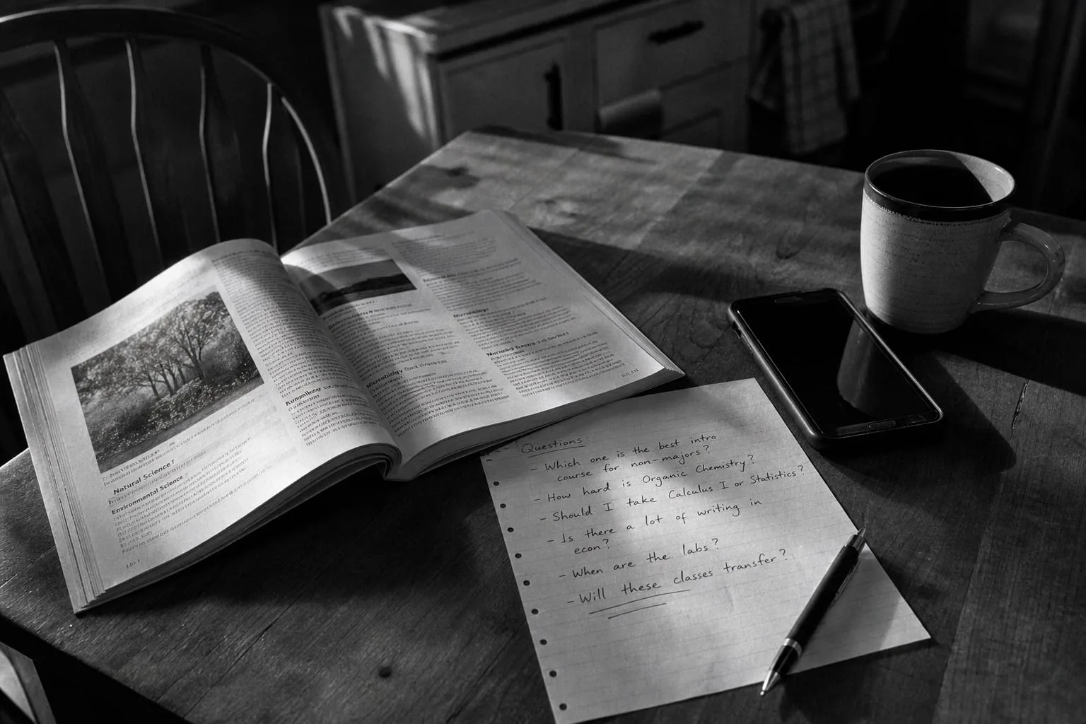 A printed course catalog open on a kitchen table beside a handwritten list of questions, a phone, and a mug