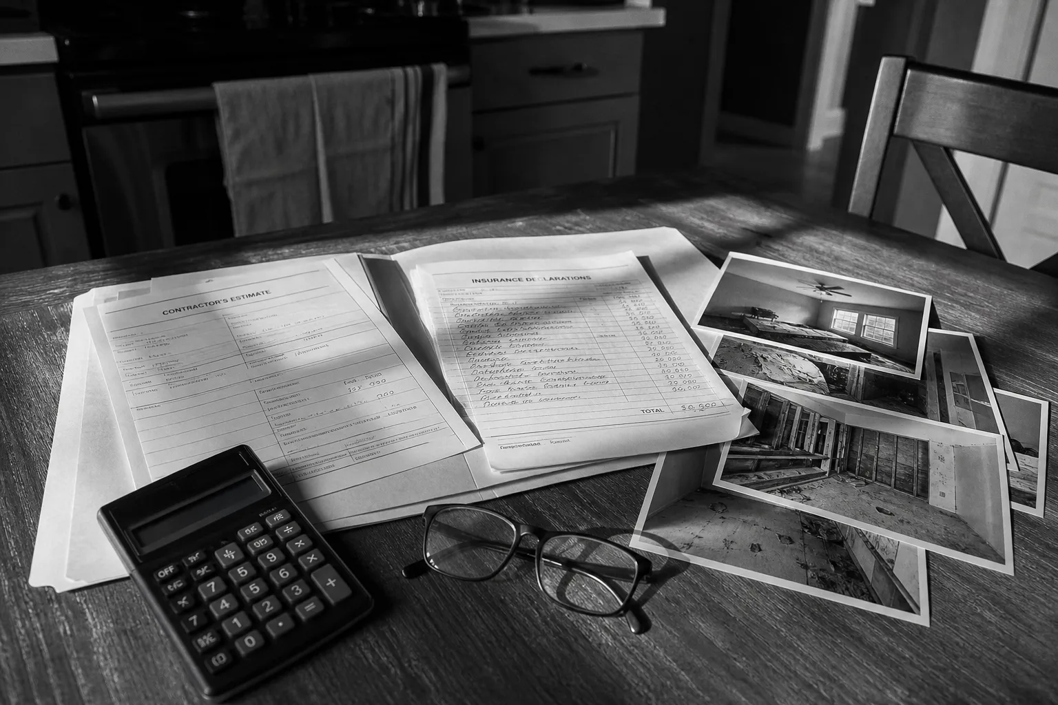 An open manila folder on a kitchen table holding an insurance declarations page, a contractor's written estimate, and several printed photographs of house in...