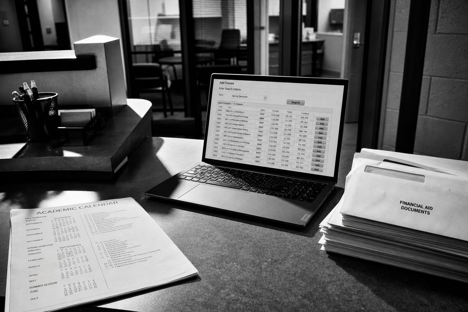 A community college registrar's office counter with a printed academic calendar page, a laptop showing a course registration screen, and a stack of financial...